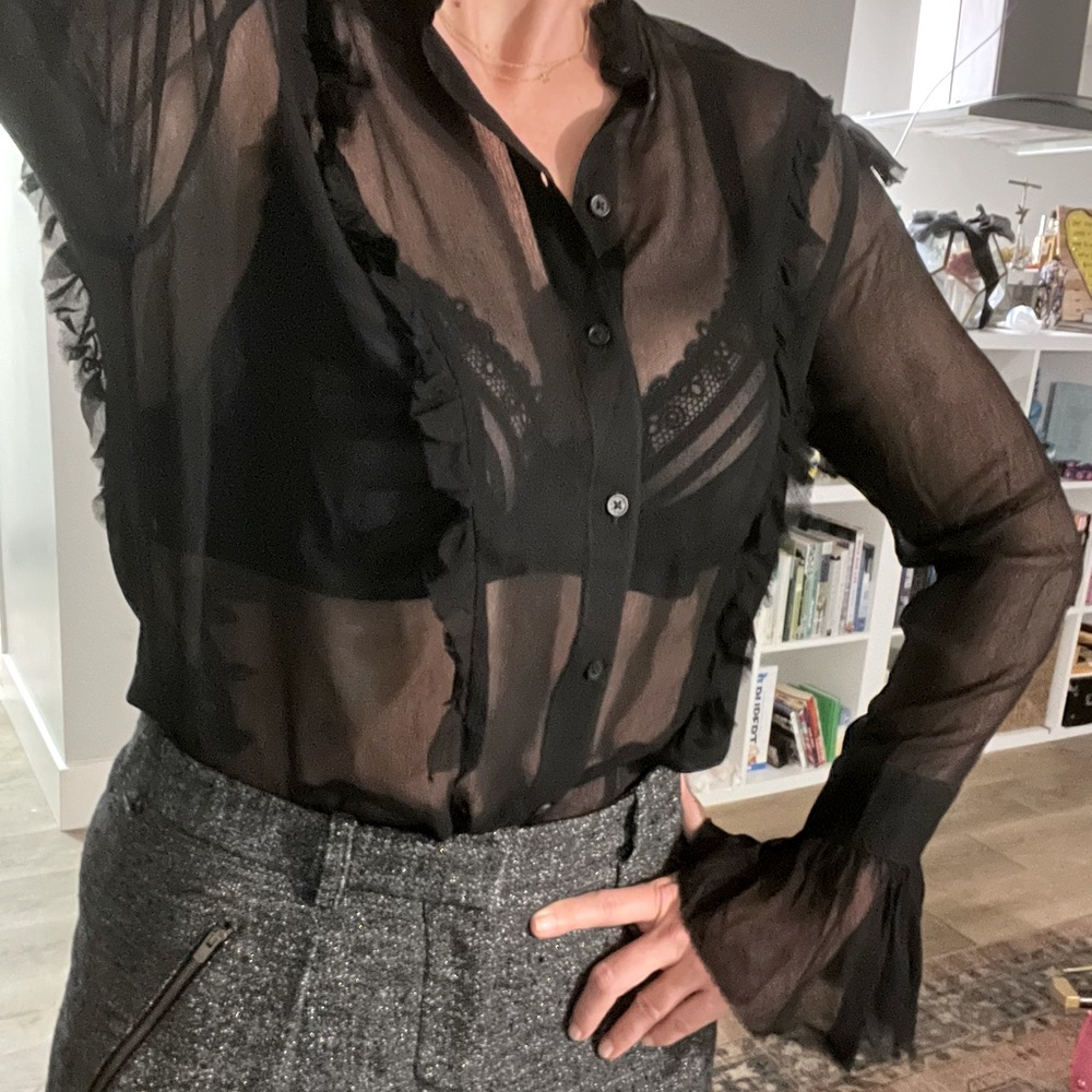 NWT Zadig & Voltaire Sheer Long Sleeve Black Blouse with Ruffled Sleeves.